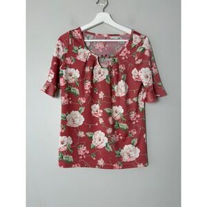 Emily Stacy Floral Keyhole Blouse Red Pink White Short Ruffle Sleeve Top Small